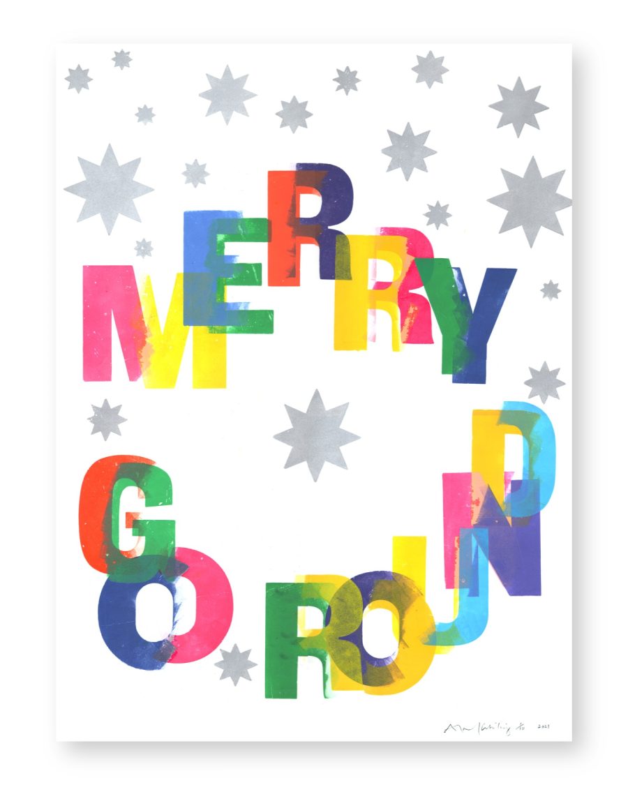 Letterpress print with colorful MERRY GO ROUND lettering and stars