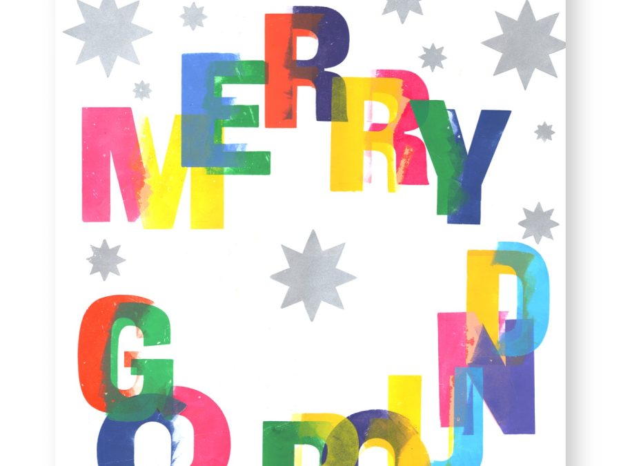 Letterpress print with colorful MERRY GO ROUND lettering and stars